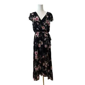 Band of Gypsies Women's Medium Black Flowy Whimsical Goth Floral Maxi Midi Dress